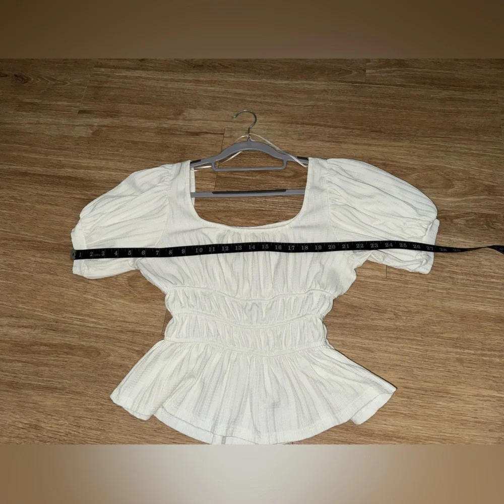 Anthropologie Women's White Puff Sleeve Ruched Blouse
